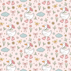 Silly goose seamless pattern, Silly goose on the loose, Spring background, Floral garden, Summer cottagecore illustration.