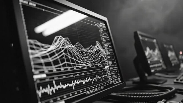 Black and white computer monitors displaying financial data charts in a darkened room, concept of stock market analysis
