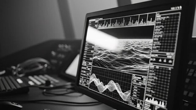 Black and white computer screen displaying data visualizations and graphs in a modern control room