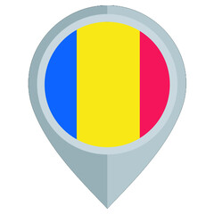 Romania flag map pin icon. location map pin featuring the national flag of Romania in blue, yellow, and red vertical stripes. Isolated on white background.