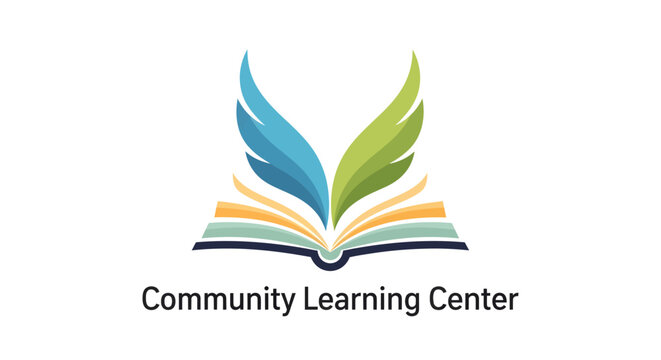Community Learning Center logo with open book and colorful wing-like pages.
