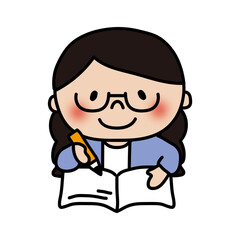 勉強する眼鏡を掛けた三つ編みの子供（女の子）