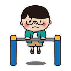 鉄棒をする眼鏡を掛けたサラサラヘアの子供（男の子）