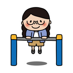 鉄棒をする眼鏡を掛けた三つ編みの子供（女の子）