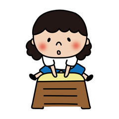 跳び箱をとぶふわふわの天パの子供（女の子）