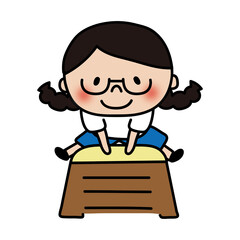 跳び箱をとぶ眼鏡を掛けた三つ編みの子供（女の子）