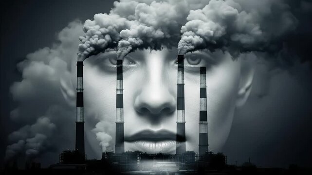 Industrial pollution engulfs human face, symbolizing environmental crisis and climate change.