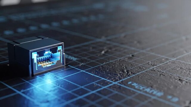 Close-up of a network ethernet rj45 connector on a dark textured surface with glowing blue grid lines representing data transfer and connectivity