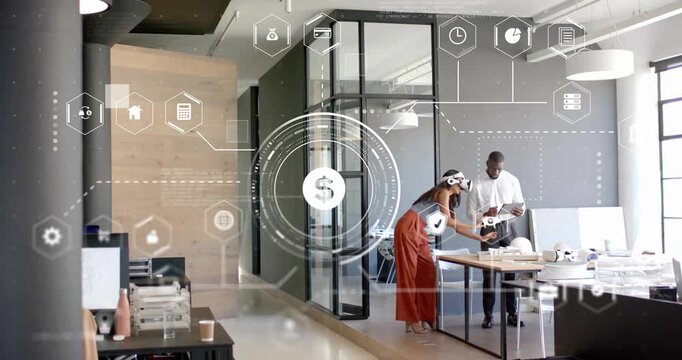 dollar icon appearing triggers pair reviewing model with AR gear and tablet as finance icons emerge