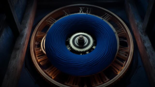 Clock Tower Portal. Hidden Portal. Fantasy Steampunk. A circular portal emerging from a giant clock face, set in an old clock tower interior, with a visual aesthetic that is steampunk and cinematic
