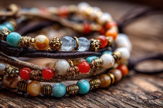 Close-up of colorful bead bracelets with gemstones in bohemian style