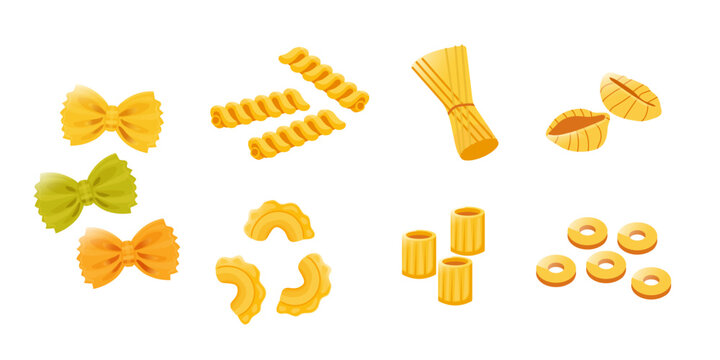 Set of different types of Italian pasta. Farfalle, rotelle, rigatoni, shell, pastina, rotini, penne, pasta, creste di gallo, gobetti rigati. Menu, banner, flyer, advertising template.