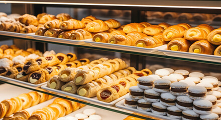 Argentine pastries and baked goods displayed in a refrigerated b