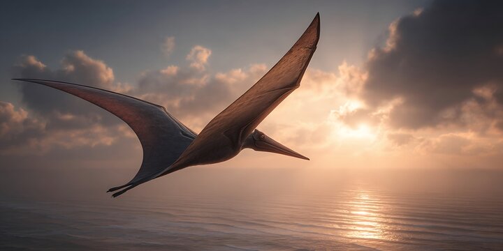 Graceful pteranodon soaring over the ocean at sunset with light flare creating a stunning silhouette