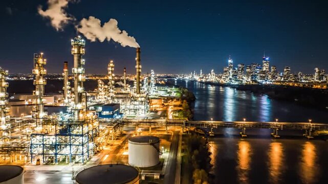 Industrial nighttime view of a brightly lit oil refinery with smoke stacks near a river and city skyline.