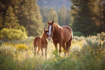 Fototapeta premium Close-up of mare nuzzling colt in a green field with warm sunlight