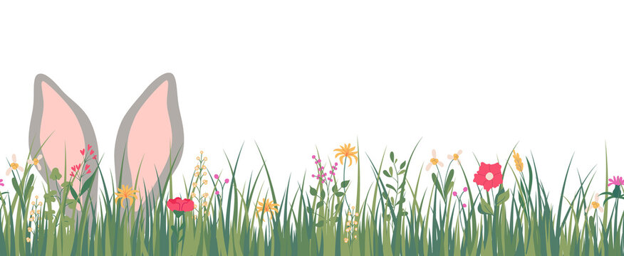 Horizontal seamless banner with a rabbit's ears in grass. Easter spring floral backdrop. Illustration on a transparent background
