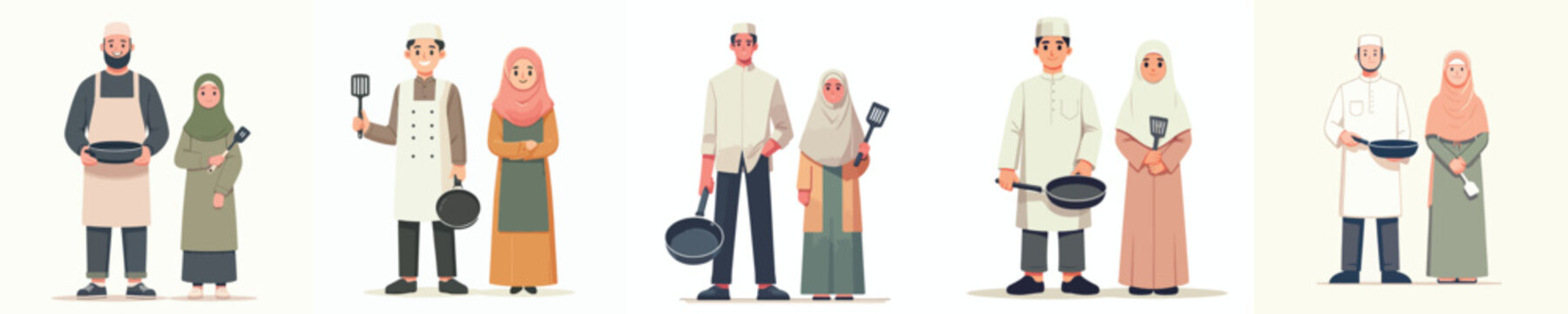 vector of muslim couple standing holding cooking utensils in ramadan
