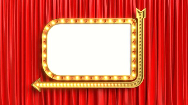 Retro marquee sign with arrow lights on a red curtain for custom text. 3D Render
