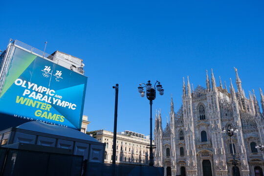 ITALY MILAN 15 FEBRUARY 2026 XXV Winter Olympic Games, also known as Milano Cortina 2026 Writing &ldquo;OLYMPIC AND PARALYMPIC WINTER GAMES&rdquo; on a billboard at the piaza duomo.