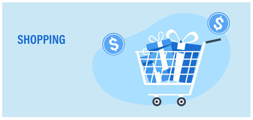 Shopping cart wtih gift boxes vector illustration