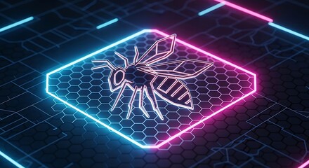 Futuristic digital wasp hologram on neon hexagonal grid background