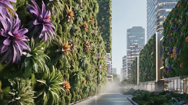 Lush vertical garden wall with diverse plants, leading to modern city skyline