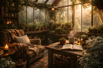 Rustic greenhouse interior in soft morning sunlight