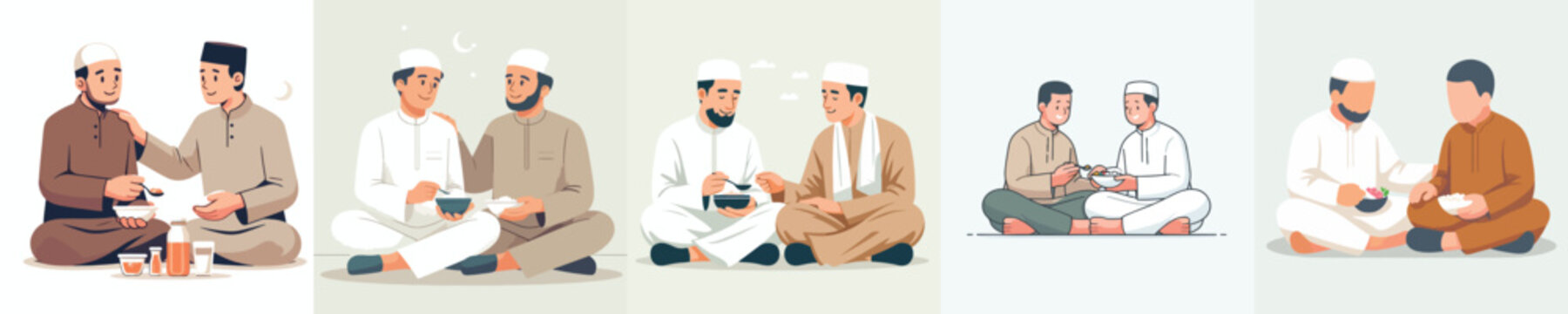 vector of muslim men sharing food to break the fast in ramadan
