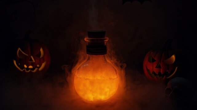 Watch a glowing potion bubble in a dark space with pumpkins nearby during Halloween night. Enjoy the spooky atmosphere and details