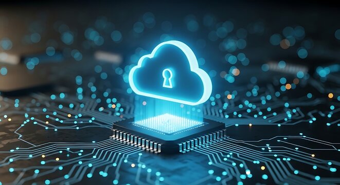 symbolizing data sovereignty and code compliance,Glowing cloud with padlock hovering above circuit board representation of cloud security and data encryption, showing a glowing cloud