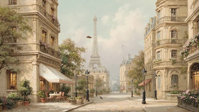 Parisian street scene with classic architecture and sidewalk cafe, the iconic eiffel tower visible in the distance, capturing european charm and romantic atmosphere in oil painting style
