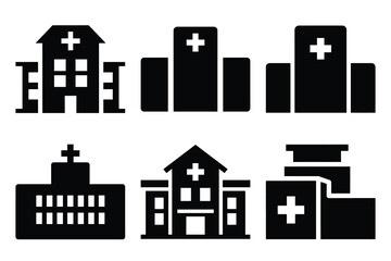 Obraz premium Popular silhouette icons of hospital building on white background.