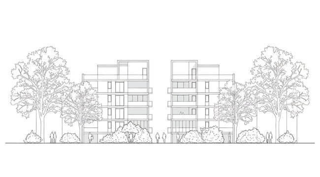 Architectural drawing of a modern building with trees