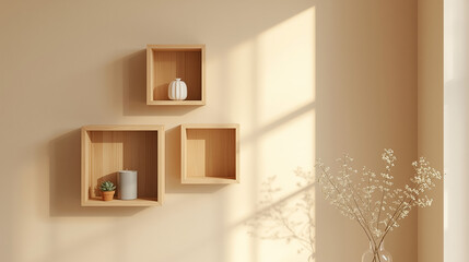 Warm minimalist interior featuring asymmetrically arranged light wood shelves on a soft beige wall. Styled with simple decor like a gray candle, a white cactus-shaped ornament, a small succulent.