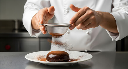 Chef decorating chocolate dessert with cocoa powder in a profess
