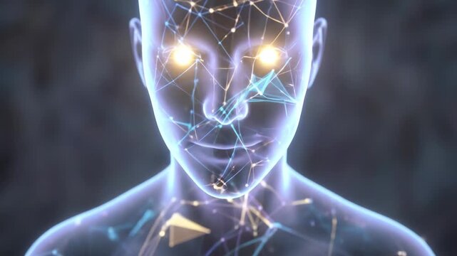 Human torso with glowing blue digital plexus and swirling data flow in the chest, symbolizing ai-driven biotech, neural networks and futuristic healthcare innovation and diagnostics