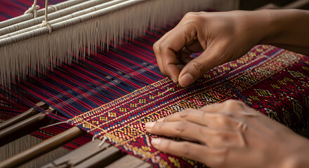 Closeup of hands weaving intricate traditional textile patterns
