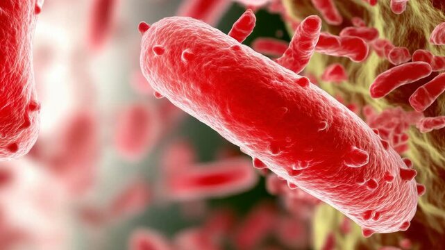 Red bacteria microorganism closeup microscopic infection science biology health disease medical concept 3D render danger pathogen cell epidemic