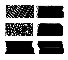 Abstract black ink brush strokes with scratchy hand drawn effect isolated on white.