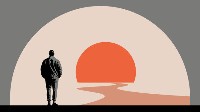 A silhouette of a person standing, facing a setting sun and a winding path