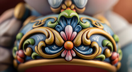 Close-up of intricate, colorful papier-mch scrollwork and floral