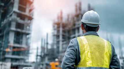Obraz premium Elegant poto of Construction worker in white hard hat and yellow vest observing a building site