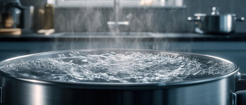 The pot of boiling water with rising steam on a stainless steel stovetop
