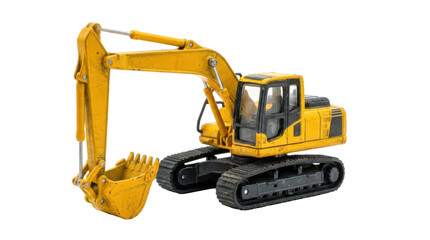 A yellow excavator construction vehicle featuring a bucket and tracks is isolated on a transparent background, ideal for design projects.