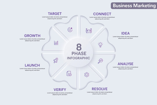 Petal Shape Neumorphism Infographic With 8 Options, Steps, Parts, Segments. Vector Illustration For Business Presentation, Annual Report Etc.