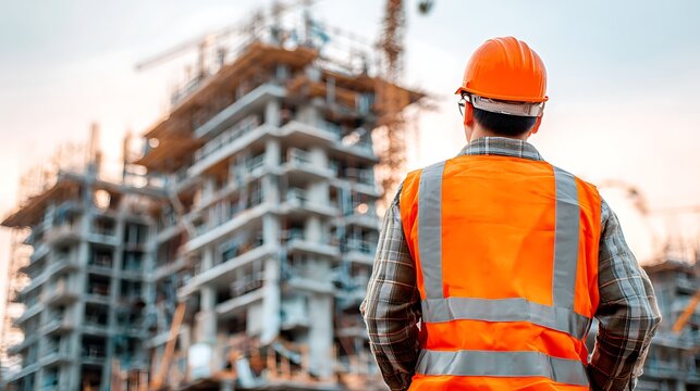 Elegant poto of Construction worker in orange safety vest observing a large building site during sunset