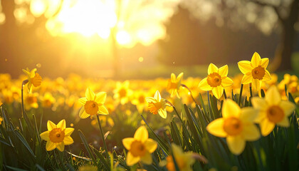 Bright yellow daffodil flowers blooming in a spring meadow © PixelVoyage