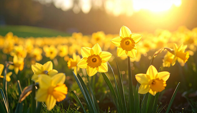 Blooming yellow daffodils in a spring field at sunset