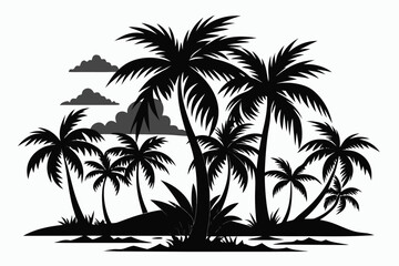 Fototapeta premium A tropical summer island landscape featuring a black palm tree silhouette vector design set against a paradise beach sunset and ocean nature illustration